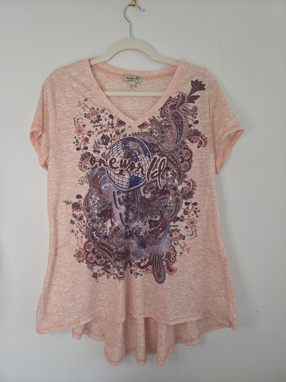ONE WORLD Peach-Pink V-Neck Graphic Tee with Purple Paisley